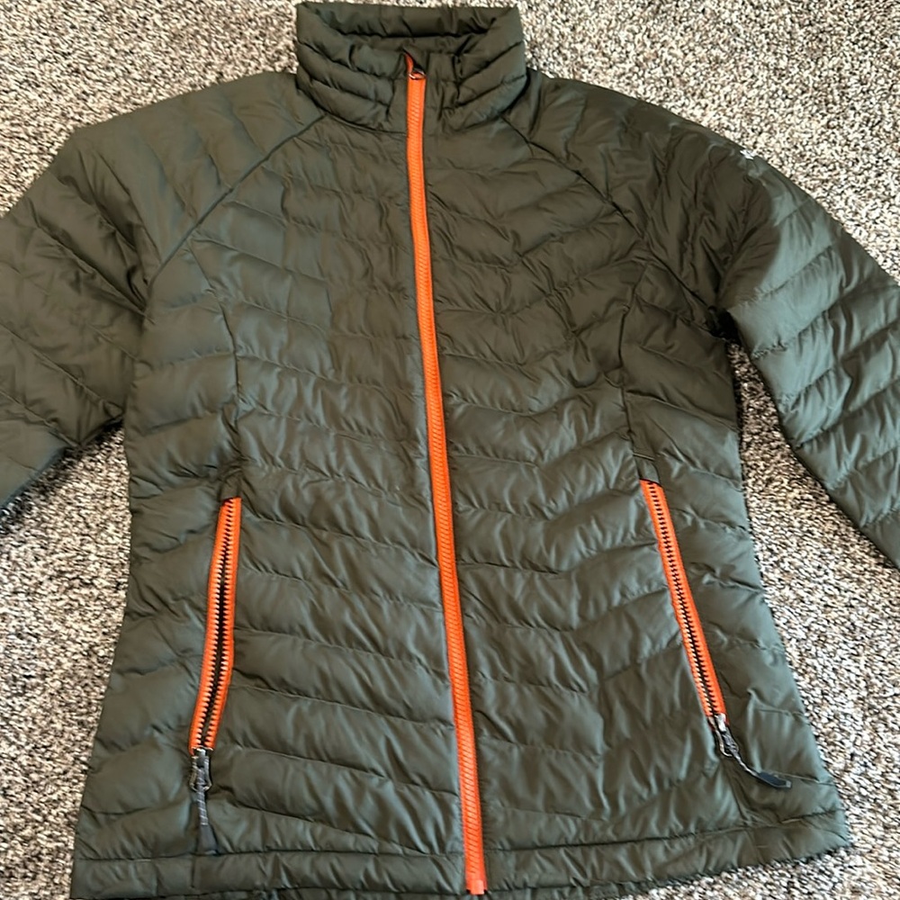 Columbia Olive Green Puffer Jacket with Orange Accents